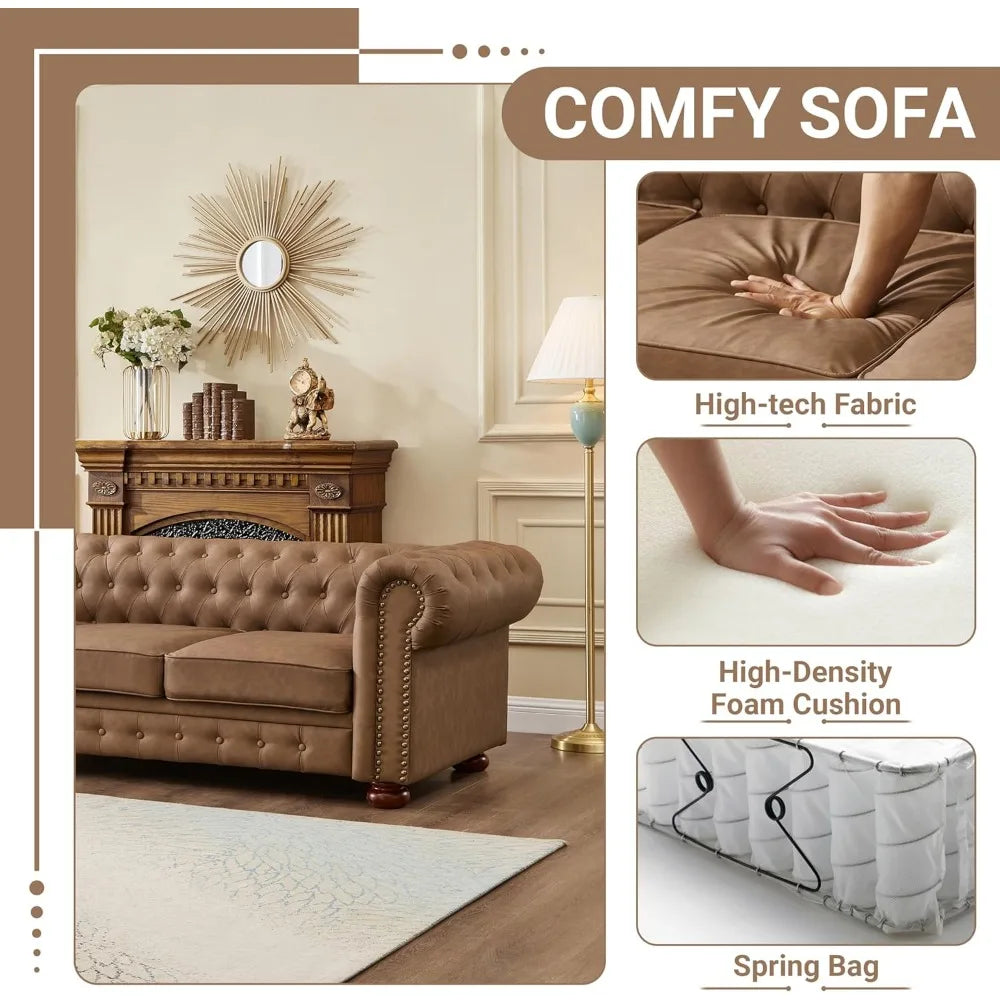 Chesterfield Leather Sofa, 89" Mid Century Modern Couch with Low Back, Roll Arm Nailhead Trim Classic 3 Seater Couch for Living