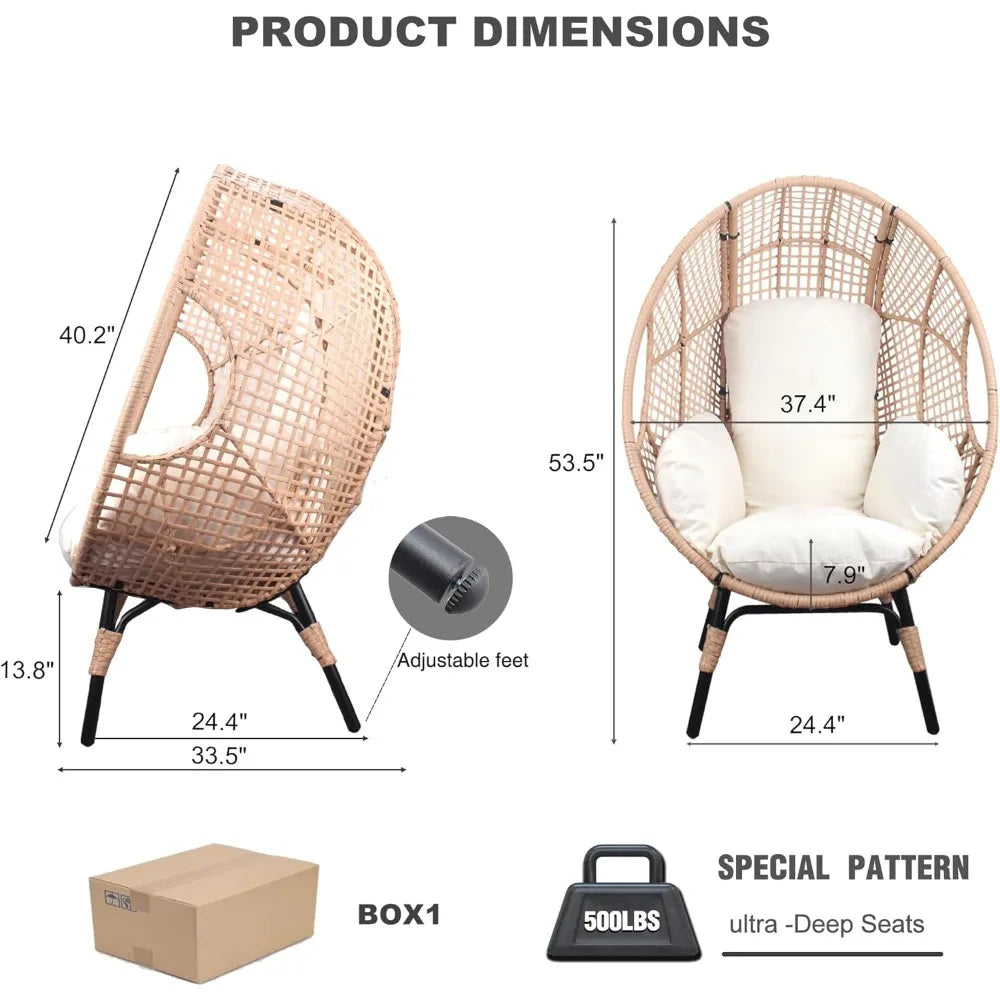 2 Pcs Oversized Wicker Egg Chair with Cushion, 500lbs Capacity, Indoor Outdoor Rattan Patio Lounge for Living Room Balcony