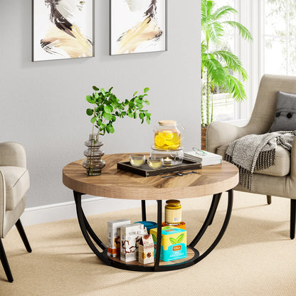Tribesigns Industrial Round Coffee Table With Two Tier Storage Shelves