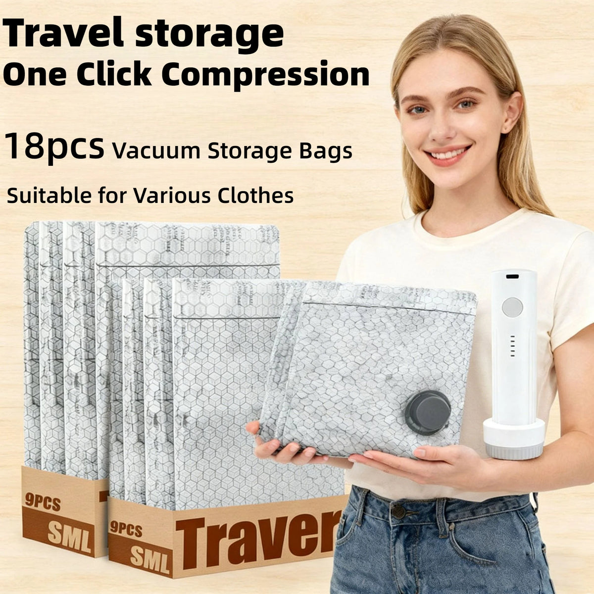 US Local Shipping-Travel Vacuum Seal Bags for Clothing w/Portable Electric Pump, 9-Pack Space Saver Compression Bags for Clothes