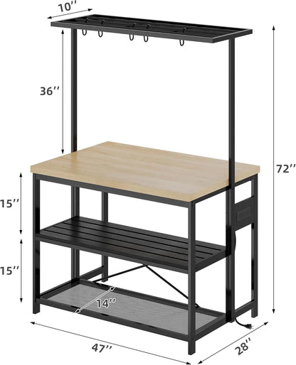 Kitchen Island with Storage, Bakers Rack with Power Outlet, Island Table for Kitchen,3 Tier Microwave Stand Oven Shelf Bar Table