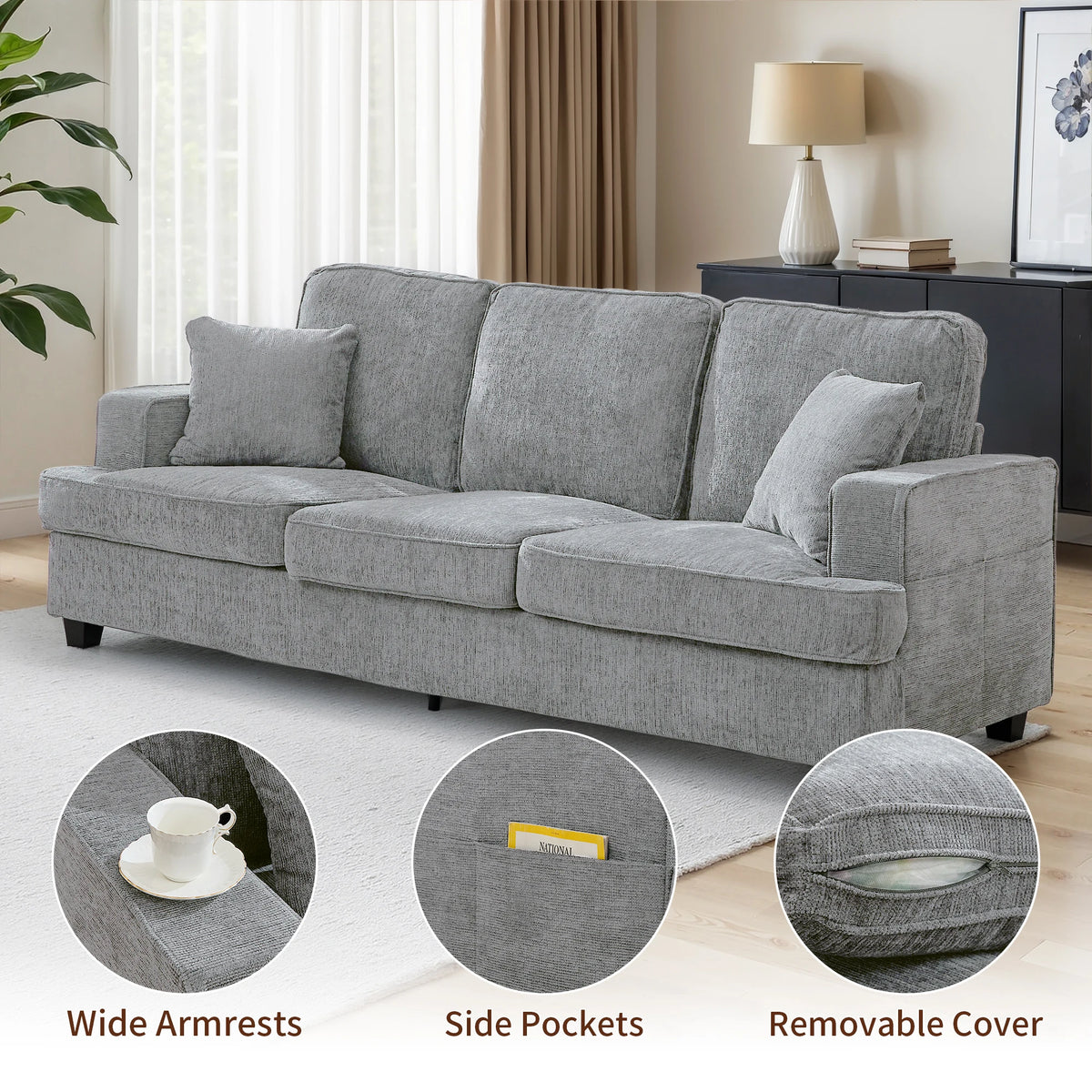 Couches for Living Room, 89 inch Cloud Couch Sofa in Chenile with Extra Comfy Soft Seats, Modern 3 Seater Sofas for Bedroom