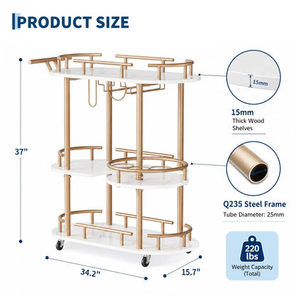 3 Tier Rolling Bar Cart With Wine Rack &amp; Glass Holder, Metal Kitchen Coffee Cart On Wheels, Mobile Serving Cart For Dining Room