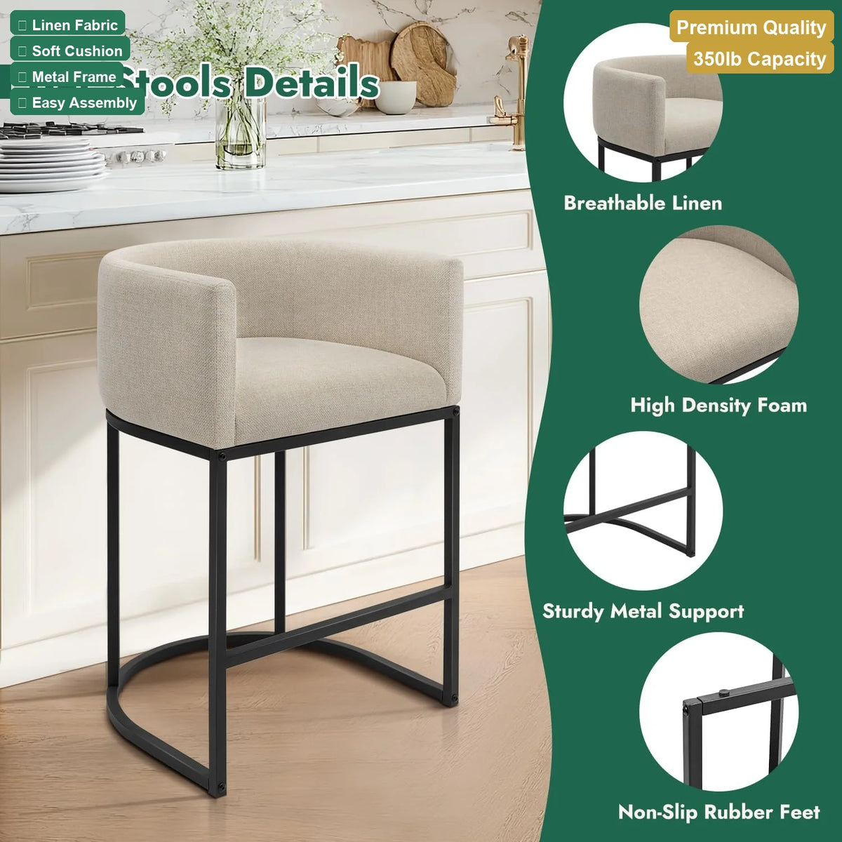 Counter Height Bar Stools Set of 2, 24 Inch Beige Linen Upholstered Barstools Low Back Seat for Kitchen Island Dining Room