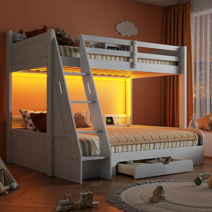 Twin Over Full Bunk Bed with Storage Shelves LED Charging Station &amp; Drawer Solid Wood for Kids Teens Adults White, Customized