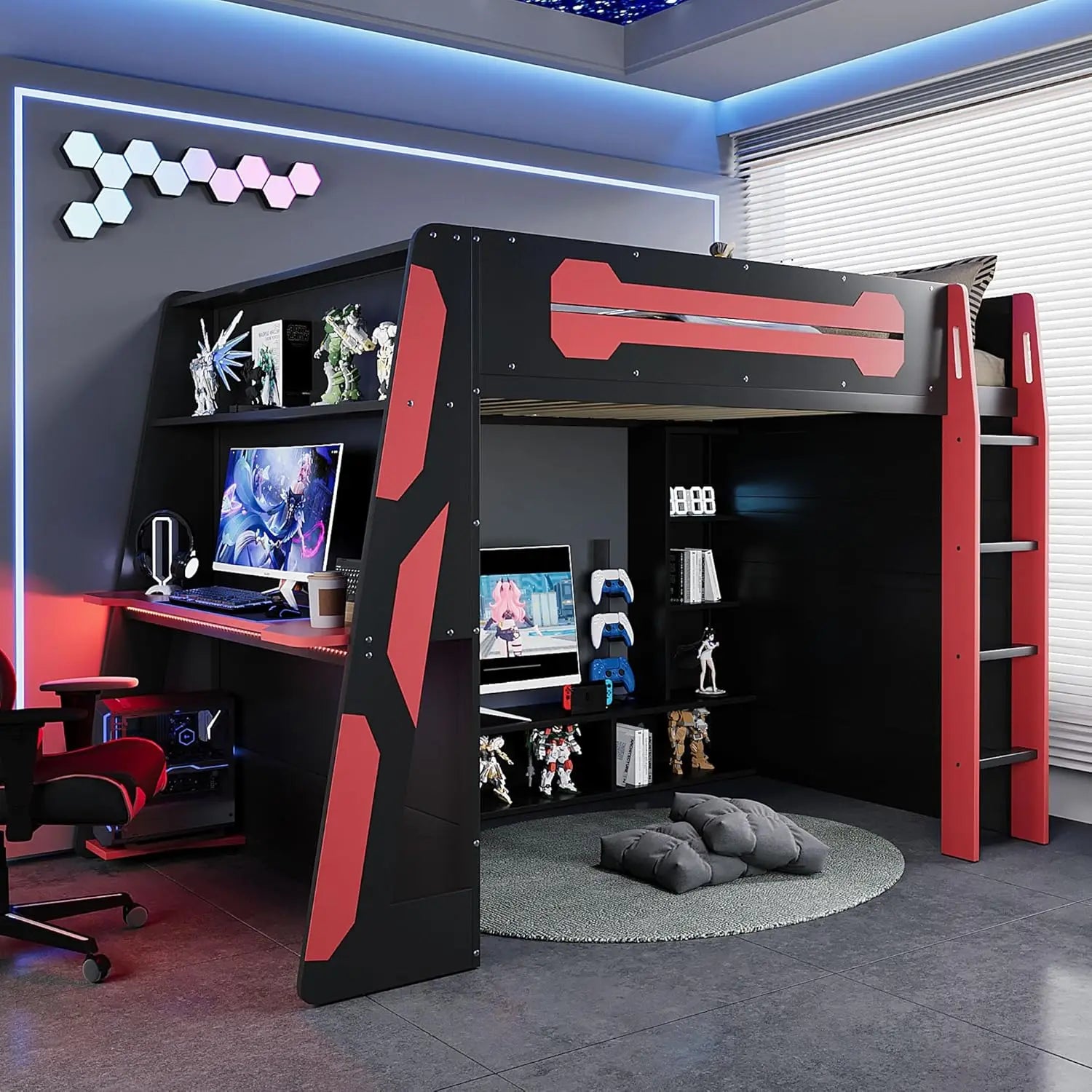 Full Wood Gaming Loft Bed Desk Storage Shelves LED Charging Station Kids Bedroom No Box Spring, Customized