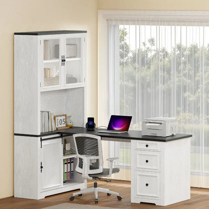 L Shaped Executive Desk With Hutch And Drawers Power Outlet