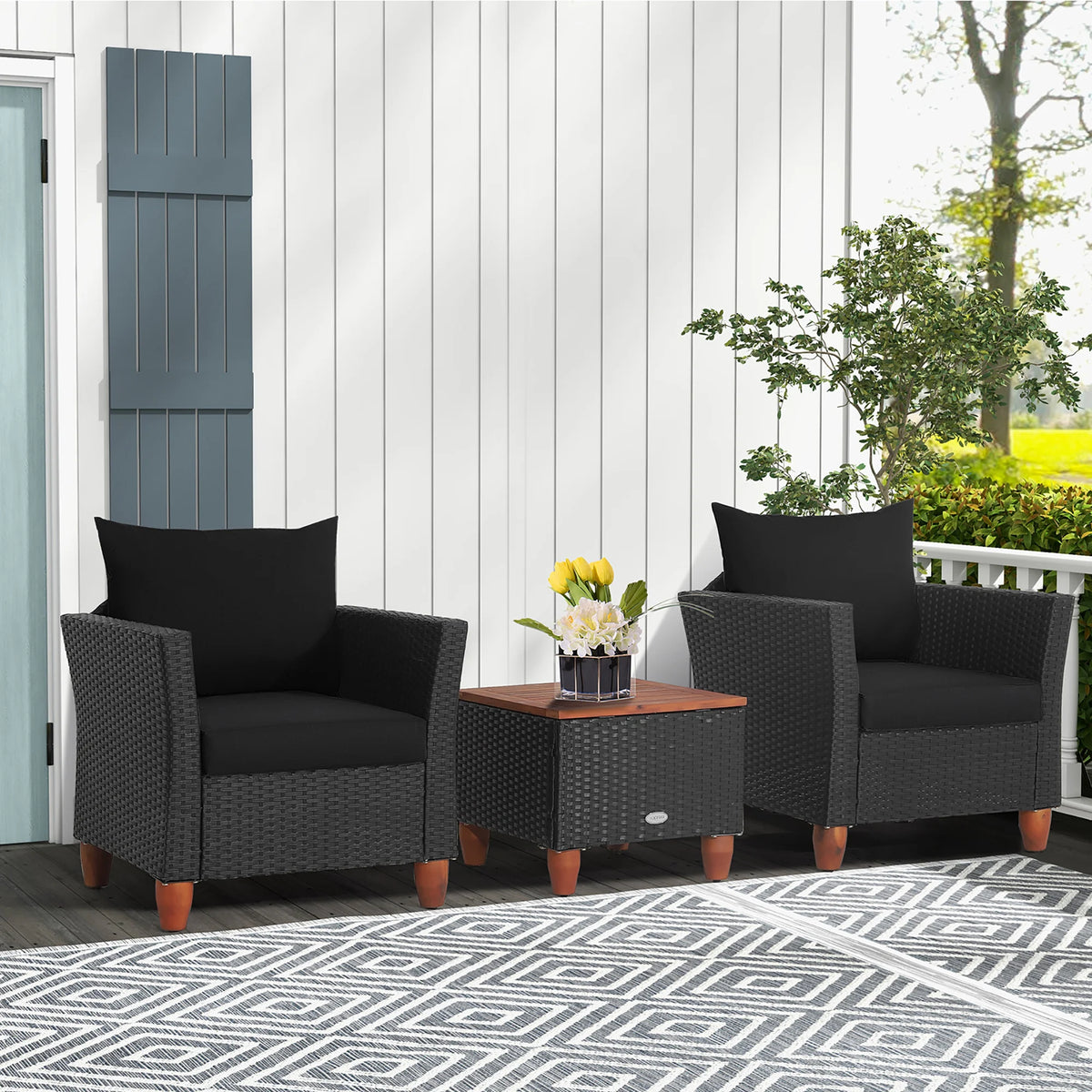 HOMASIS Rattan Conversation Set with Cushioned Sofa and Storage Table