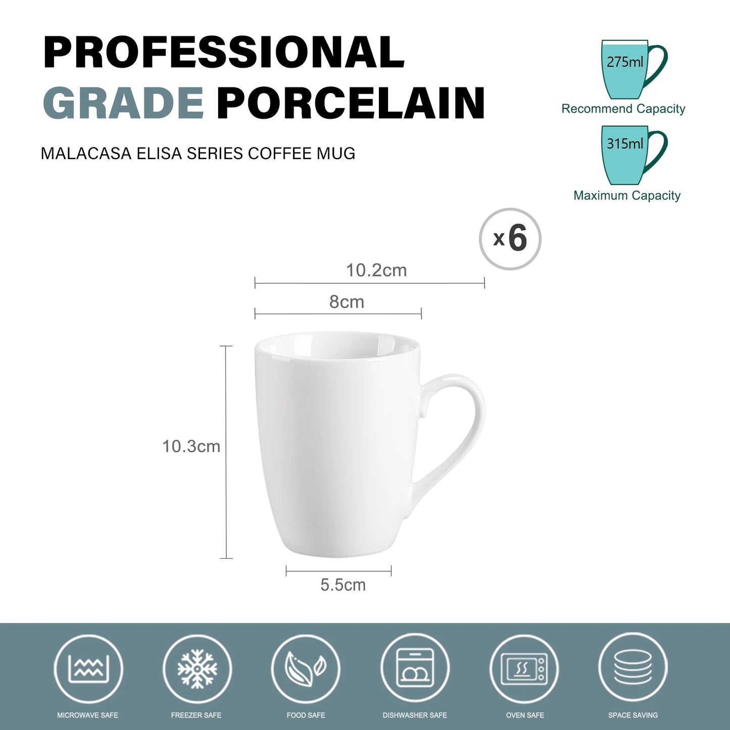 MALACASA Elisa Series Porcelain Coffee Mugs Set Dishwasher Safe