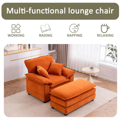 Oversized Chaise Lounge Chair with Ottoman，56.3" Indoor Velvet Deep Seat Reading Chairs,Comfort Accent Leisure Chair Set for Liv