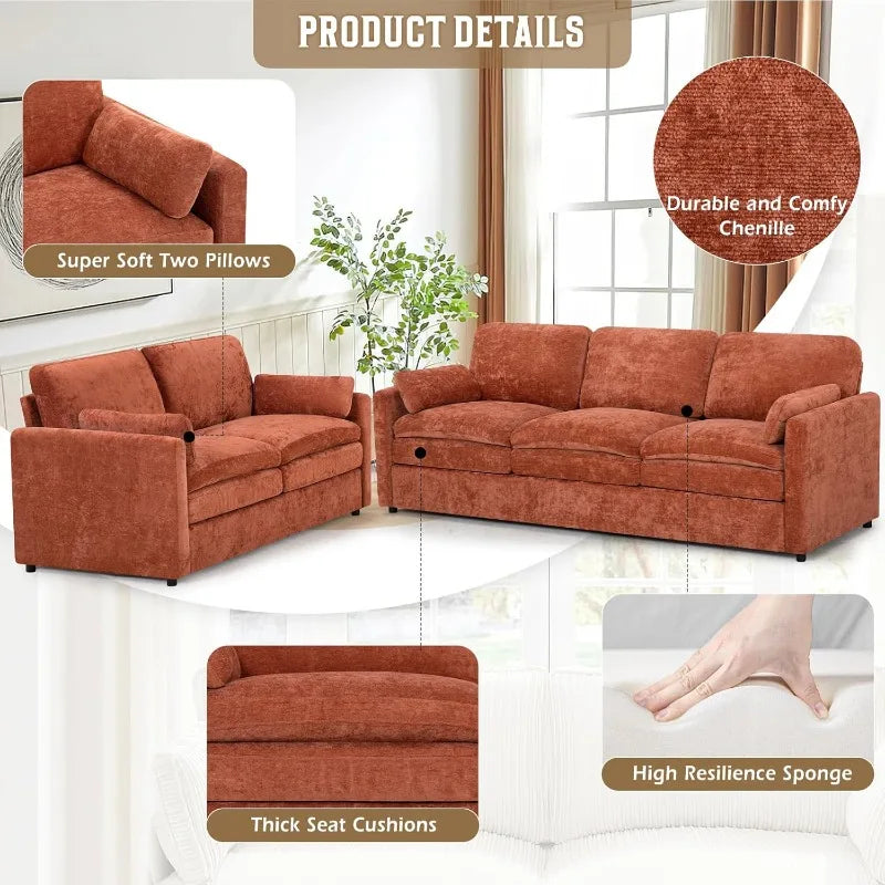 2 Pieces Chenille Couch Set with Well-Filled Pillows, Modern 3 Seats and 2 Seats Sofa with Soft Backrests, Classic Upholstered S