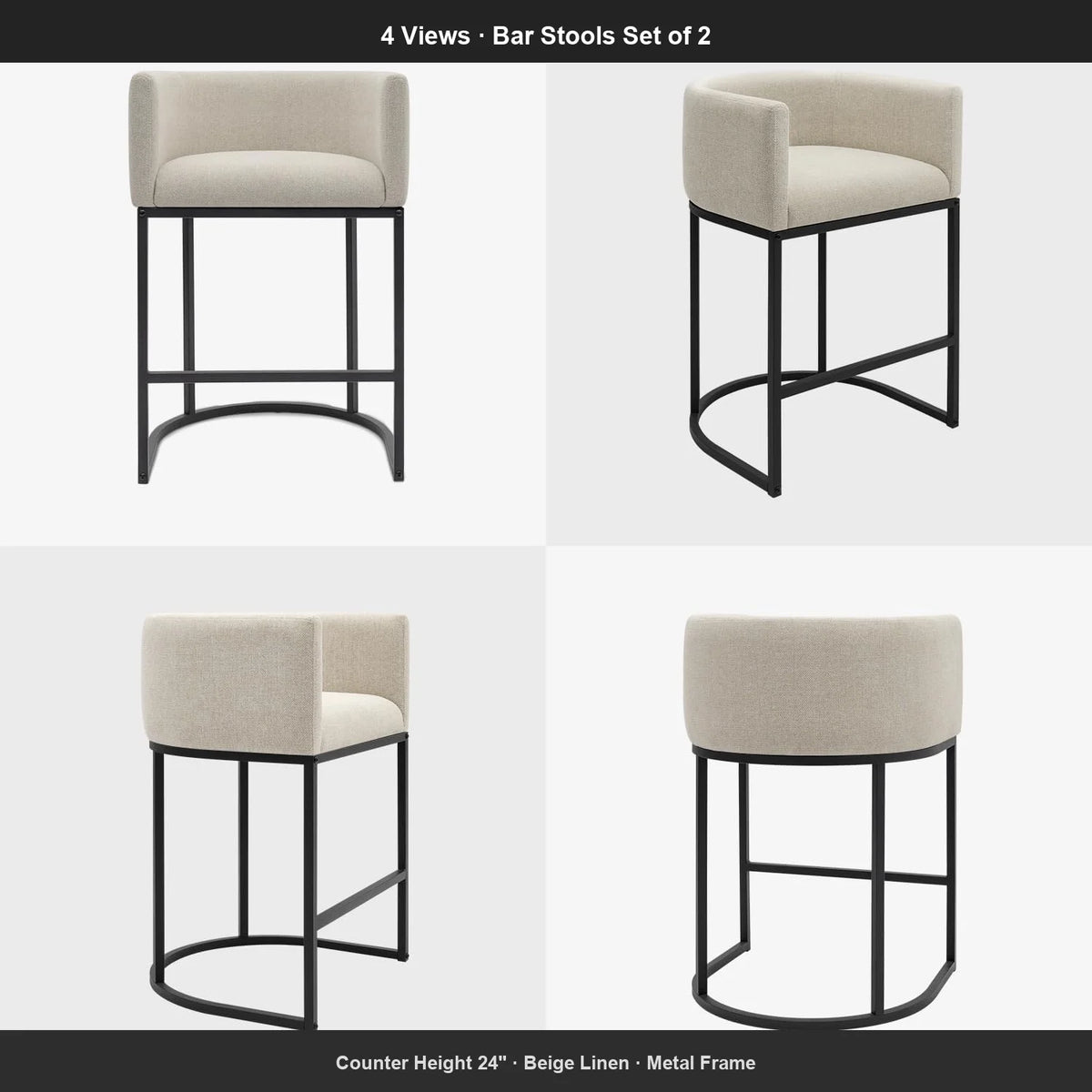 Counter Height Bar Stools Set of 2, 24 Inch Beige Linen Upholstered Barstools Low Back Seat for Kitchen Island Dining Room