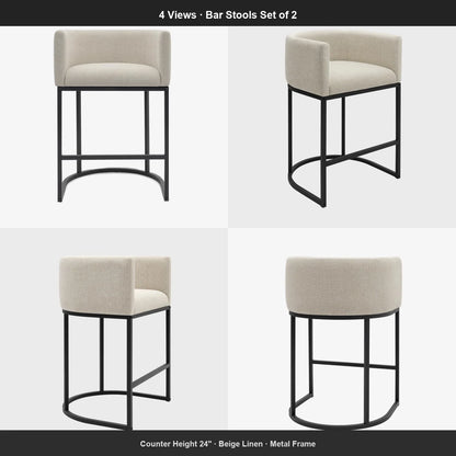 Counter Height Bar Stools Set of 2, 24 Inch Beige Linen Upholstered Barstools Low Back Seat for Kitchen Island Dining Room