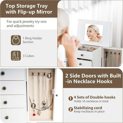 White Standing Jewelry Armoire Cabinet with 4 Drawers Flip Top Mirror Top Compartments 2 Side Doors 8 Necklace Hooks Freestandin