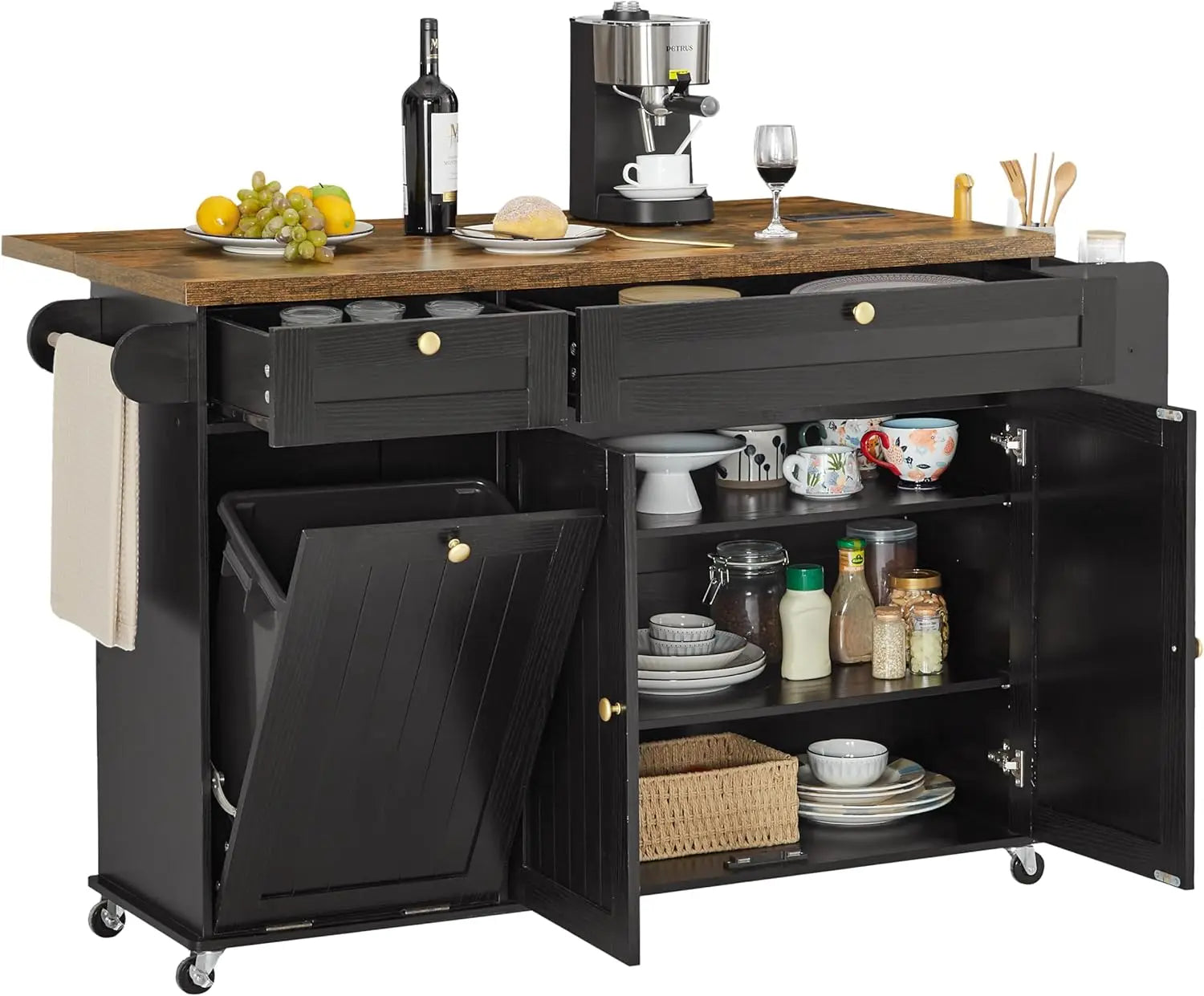ONBRILL Mobile Kitchen Island With Power Outlet Drop Leaf And Towel Rack