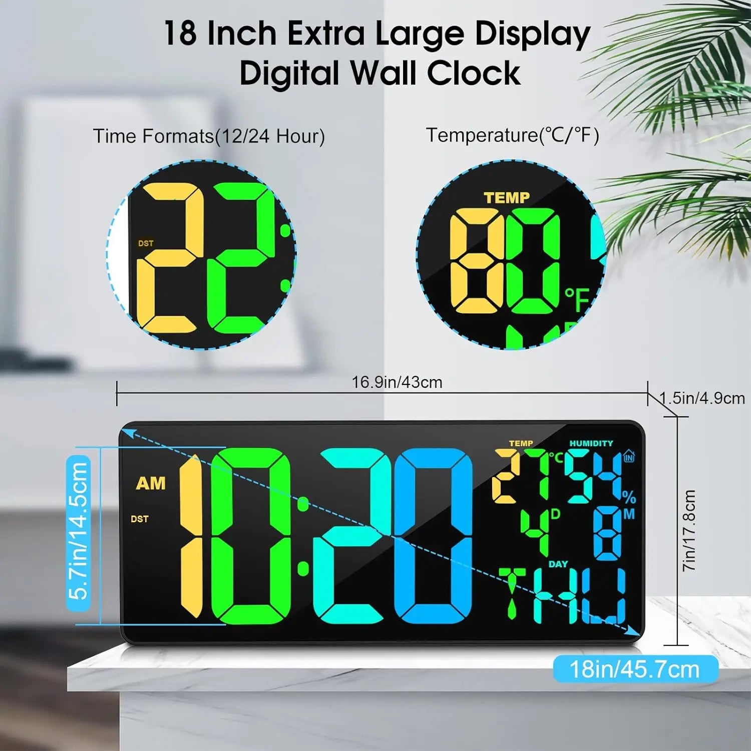 18-inch Digital Wall Clock with Bluetooth Sync, 11 RGB Colors, Remote Control, Alarm/Timer &amp; Temperature Display