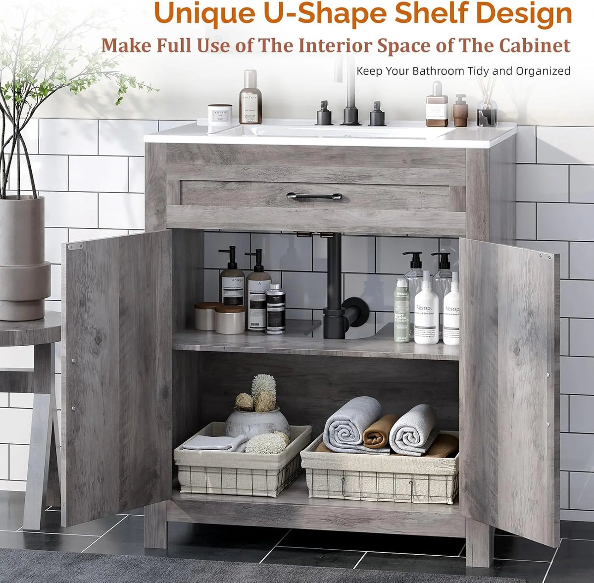 30" Farmhouse Bathroom Vanity with Sink, Free Standing Small Bathroom Storage Cabinet with 3 Holes Ceramic Basin Combo Set