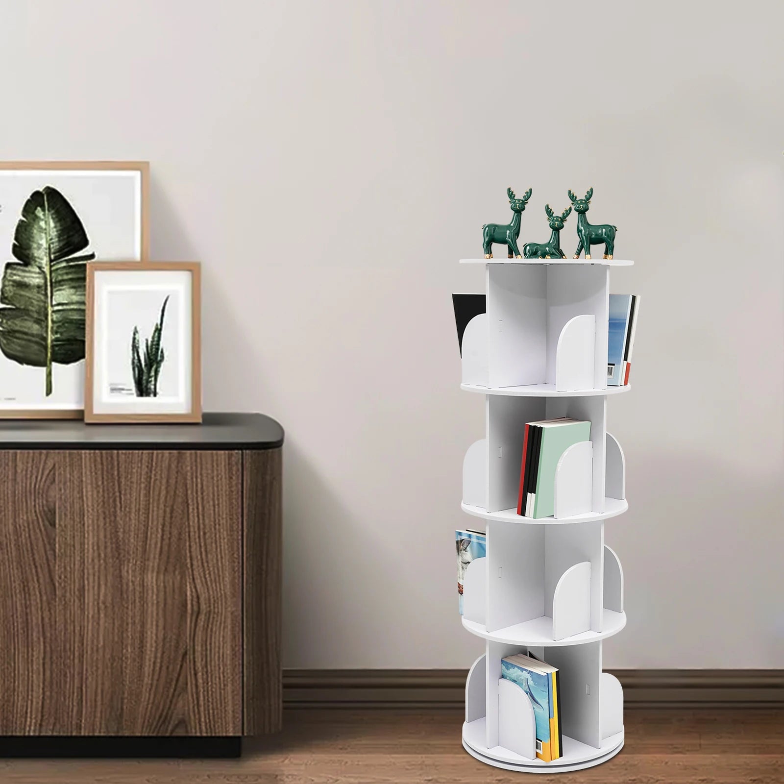 Bookcase w/ 360° Rotating Design, Steel Ball Bearing for Silent and Smooth Rotation, Multi-Layer Stacking Shelf for Easy