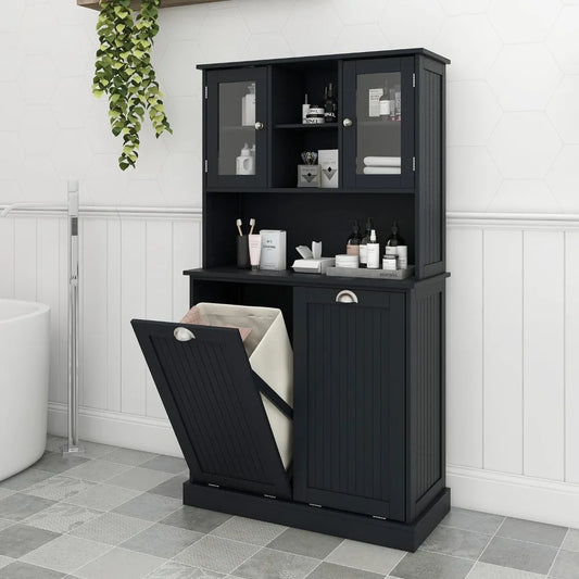 Tall Tilt Out Laundry Hamper Cabinet with 2 Removable Baskets, Hidden Storage & Glass Doors for Bathroom, Black