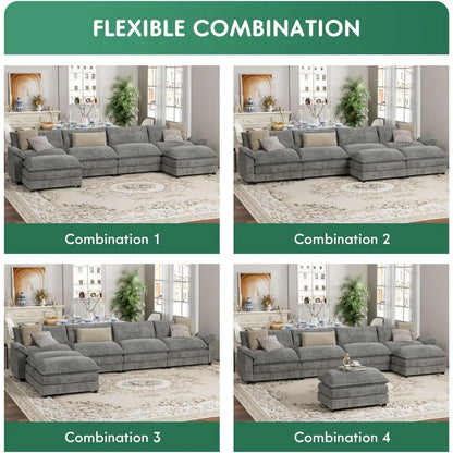 Sectional Modular Sofa U Shaped Chenille Fabric Couch with High Supportive &amp; Soft Sponges and Removable Ottoman, Sleeper Comfy