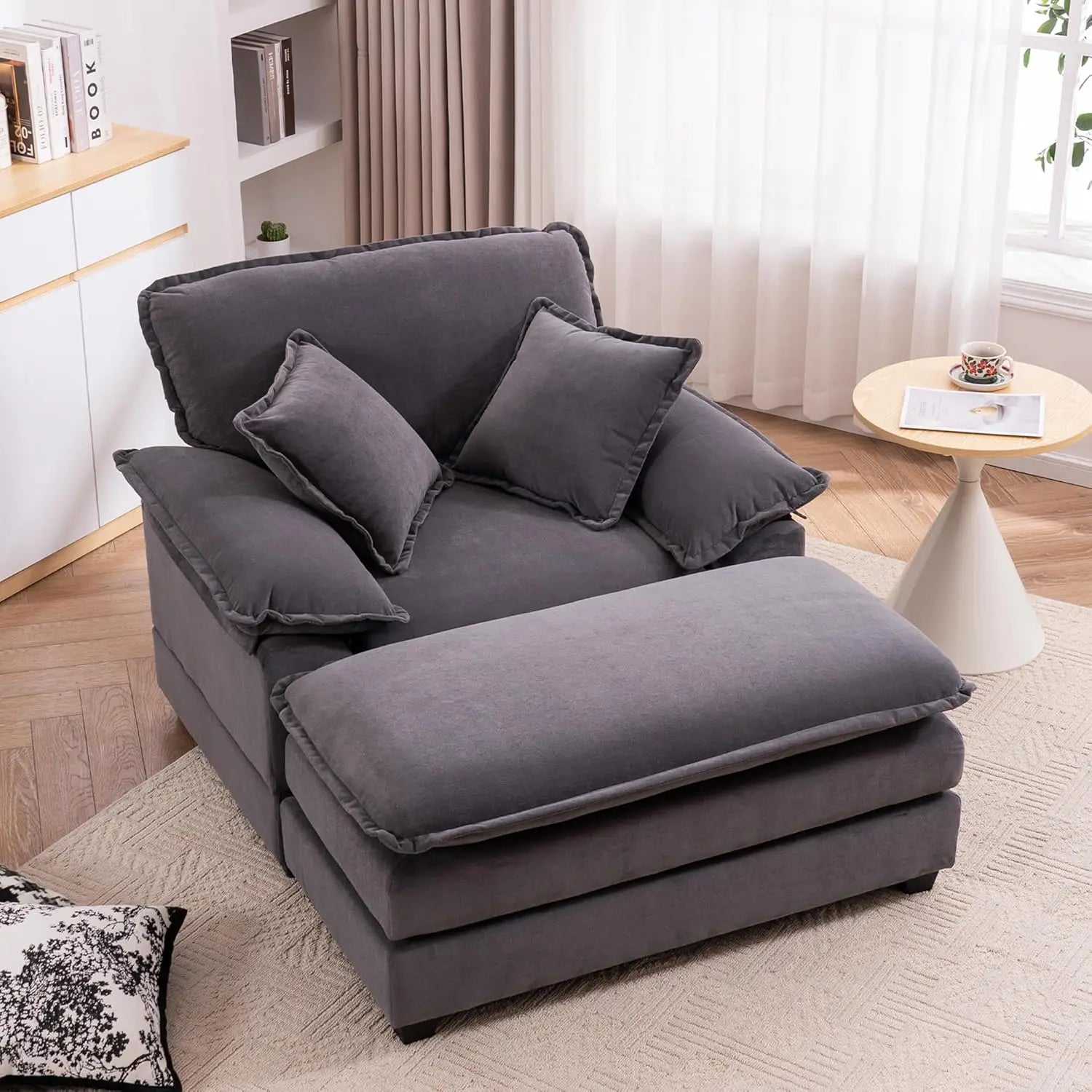 Oversized Chaise Lounge Chair with Ottoman，56.3" Indoor Velvet Deep Seat Reading Chairs,Comfort Accent Leisure Chair Set for Liv