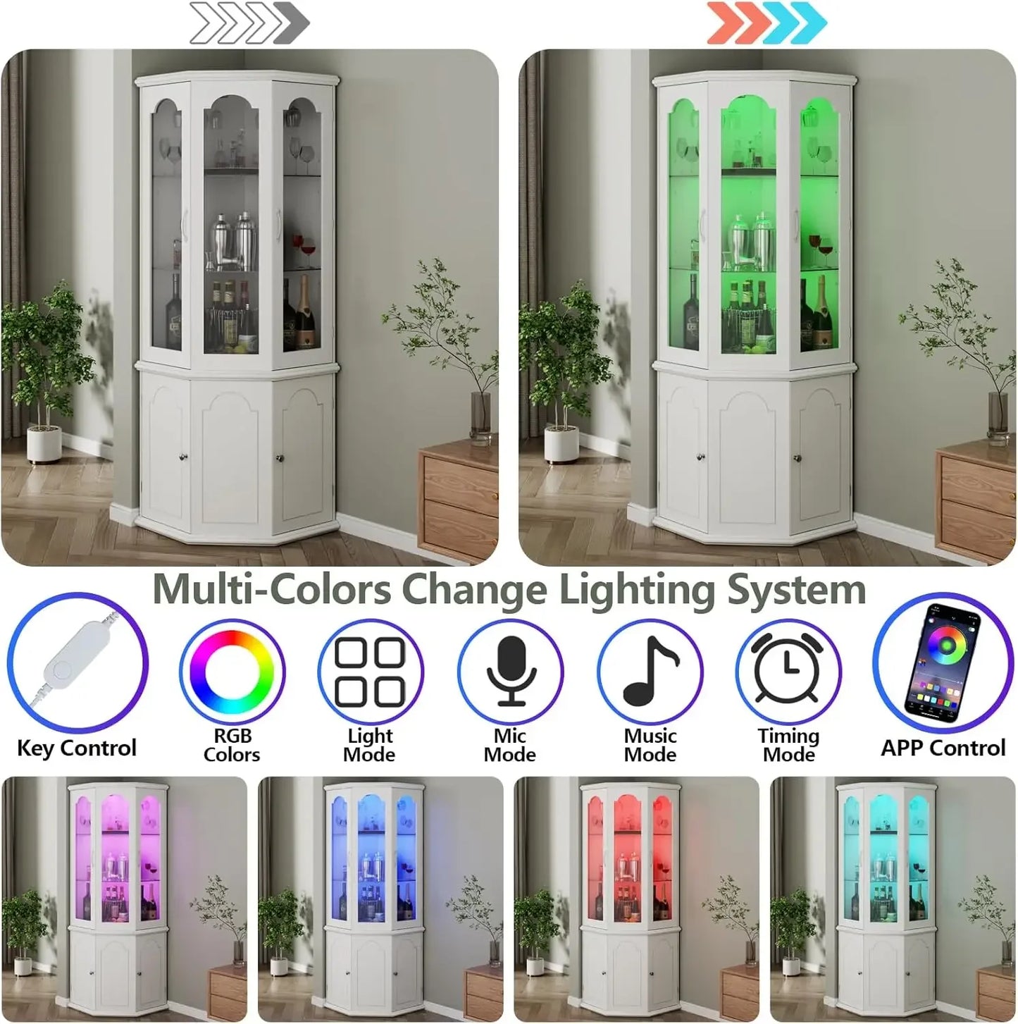 HOT SELLIG QUALITY Corner Bar Cabinet W/LED Lights, Tall Modern Wine Cabinet With Tempered Glass Door & Adjustable Shelves, Home