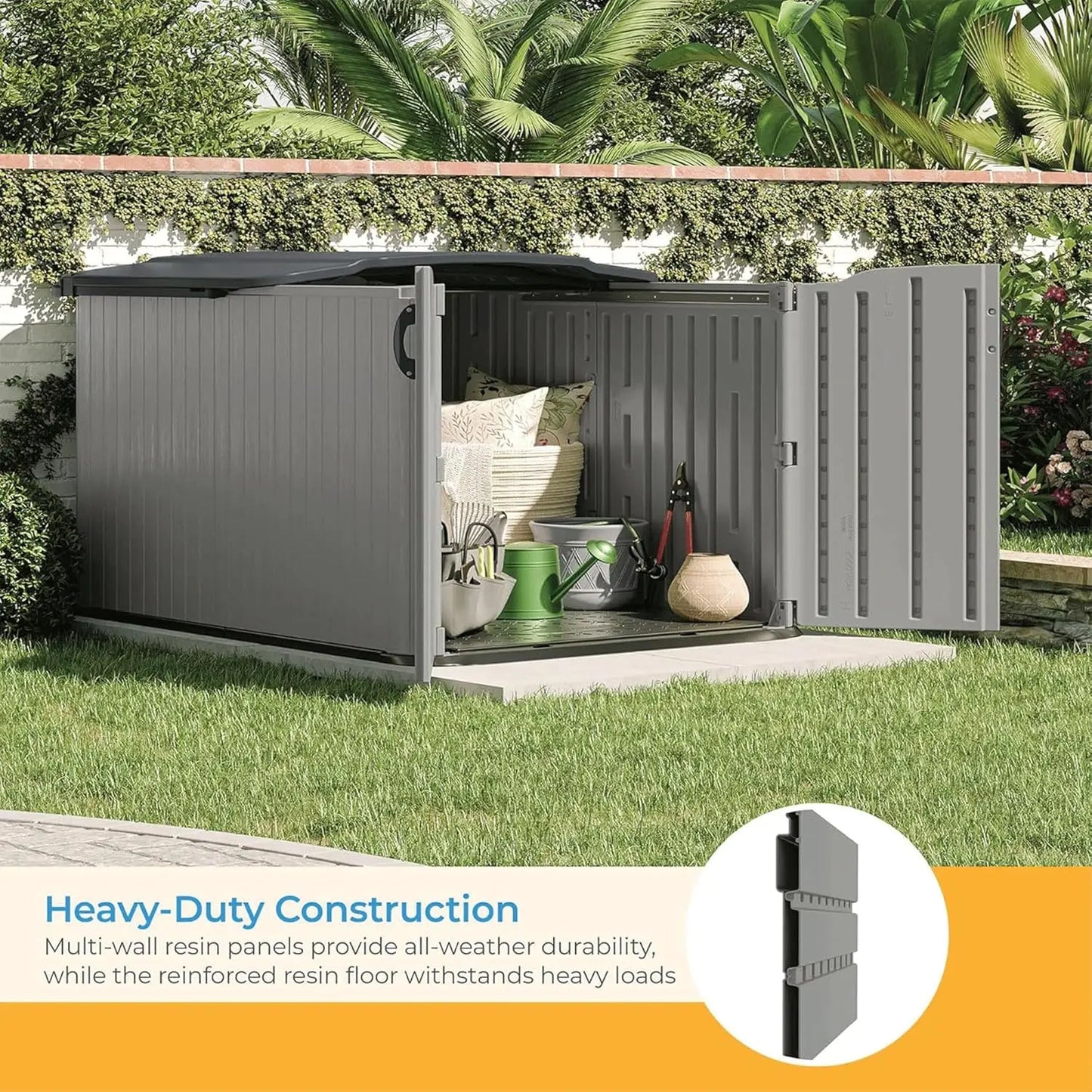 New-Glidetop Horizontal Outdoor Storage Shed with Pad-Lockable Sliding Lid and Doors, All-Weather Shed 57.5" W x 79.75" D x