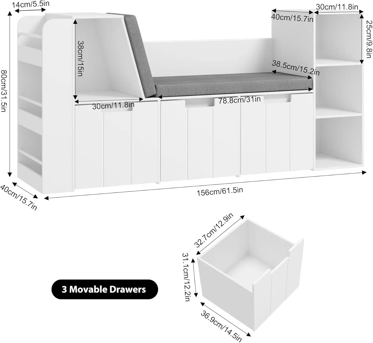 61.5 Kids Reading Nook with 3-Layer Bookshelf, Reading Nook for Kids with Double Bench and Rolling Drawers, Bookshelf and Toy St