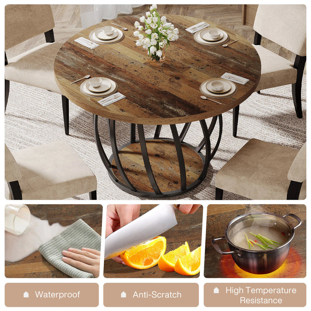Tribesigns Round Dining Table, 46-Inch(118cm)Wood Kitchen Table with Sturdy Metal Base for 4-6 People,Rustic Brown