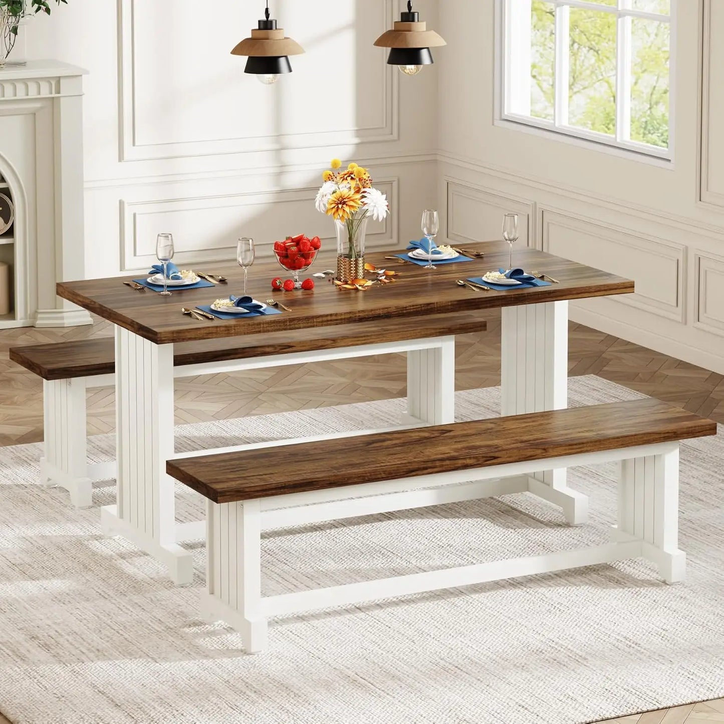 Farmhouse Wood Dining Table Set For Four With Two Benches