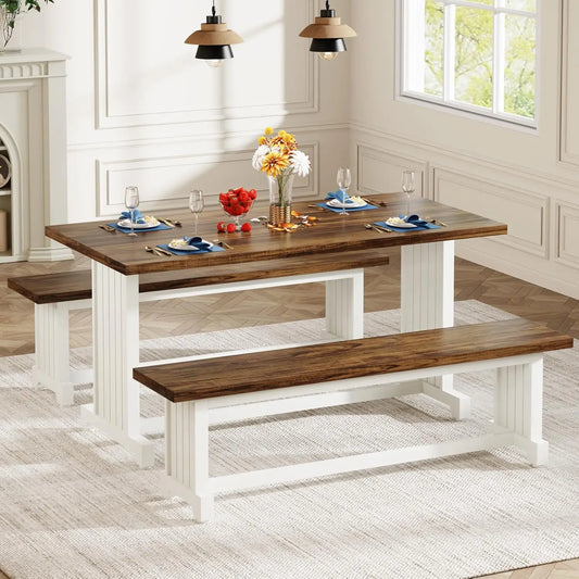 Farmhouse Wood Dining Table Set For Four With Two Benches