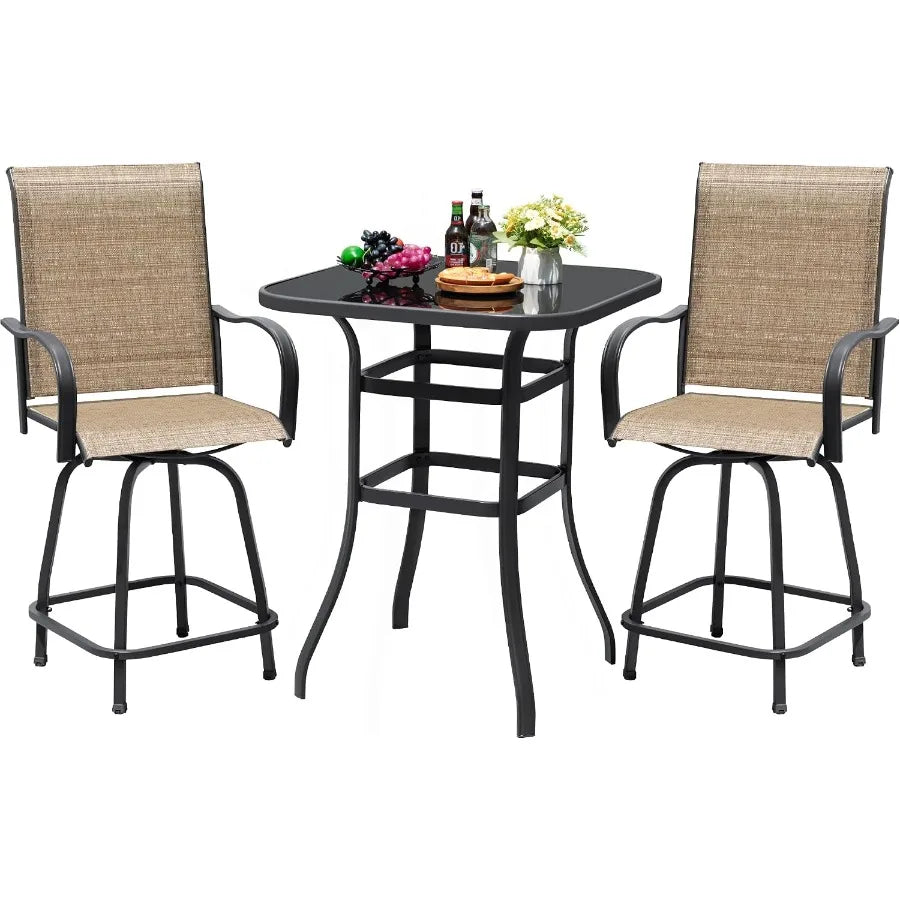 3‑Pieces Outdoor Patio Swivel Bar Set, Weather‑Resistant Counter Height Furniture Set for Backyard Garden Poolside Deck