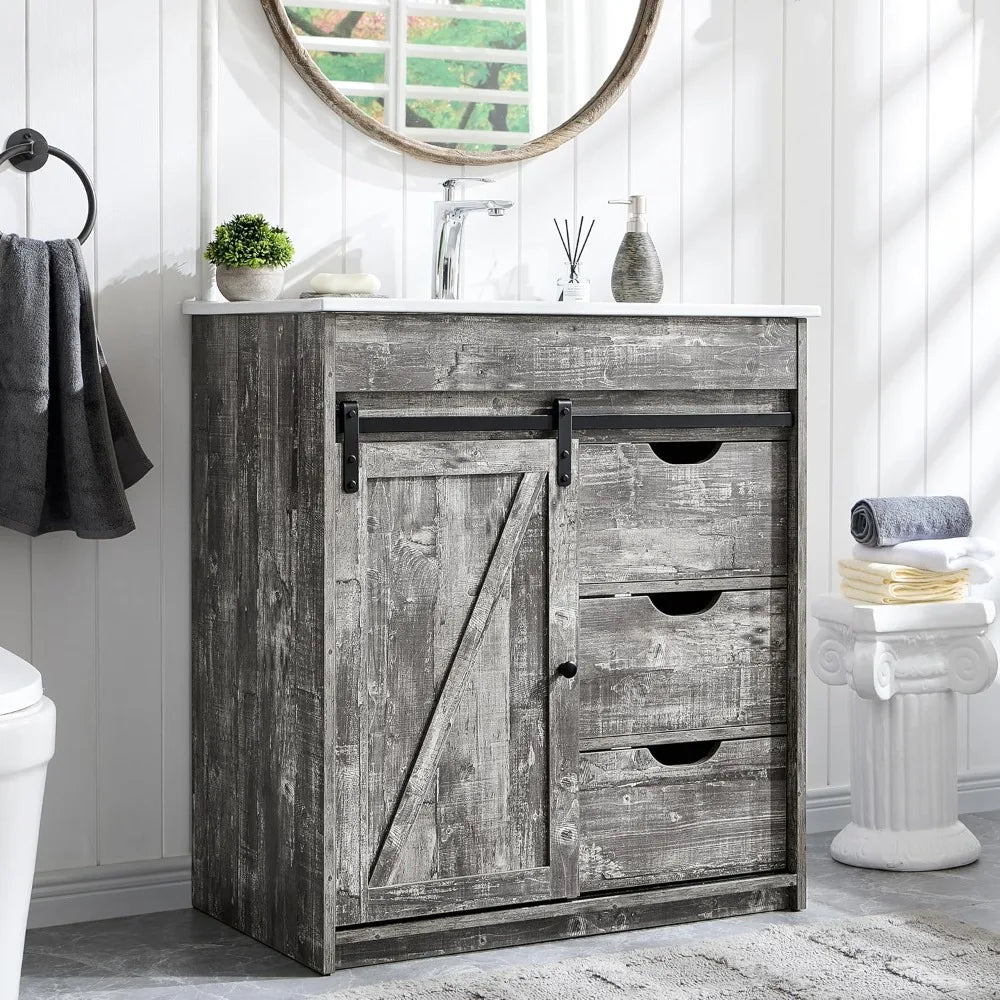 RBXC Farmhouse Bathroom Vanity With Sink, Barn Door Storage Cabinet