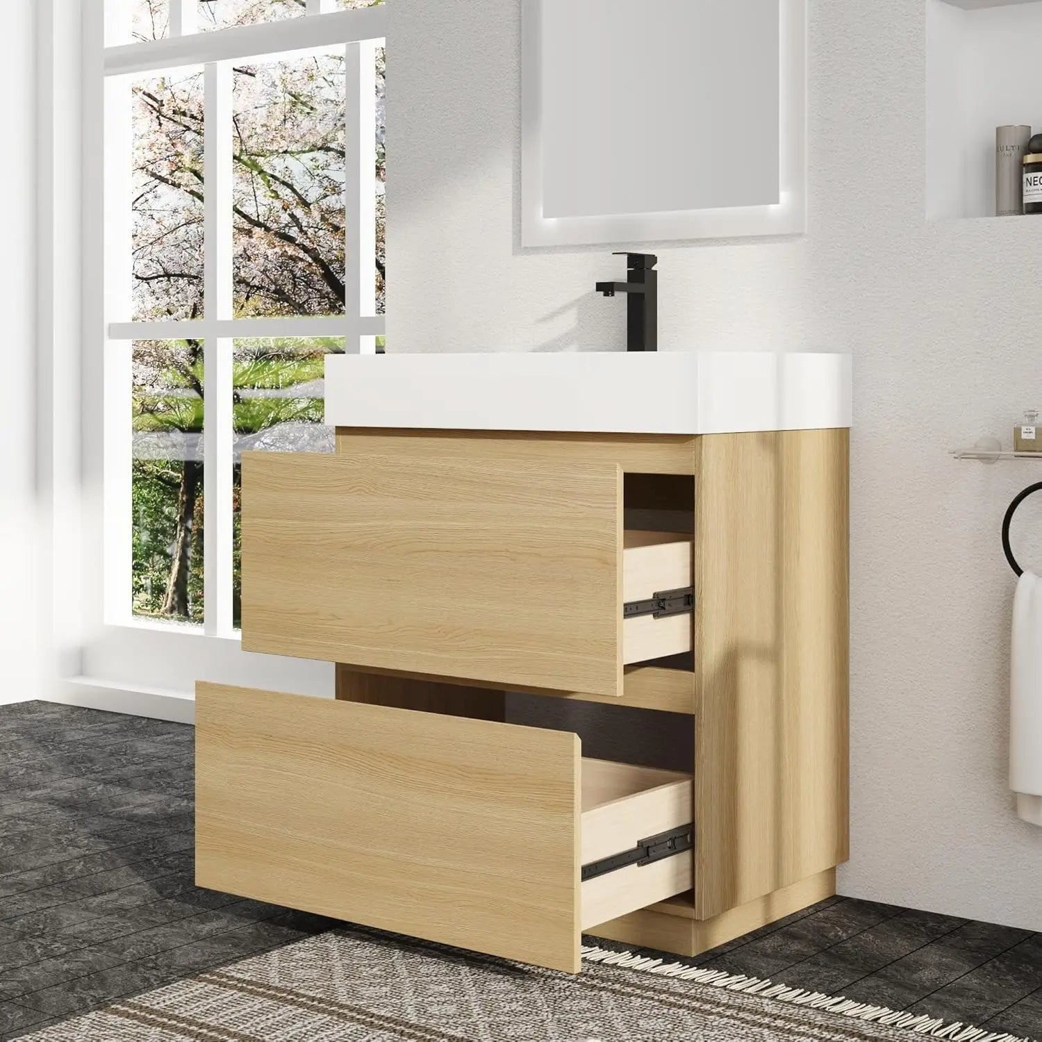 24 Inch Freestanding Bathroom Vanity with Resin Sink, Double Drawer Soft Close Storage Cabinet Basin Top Combo,, Customized