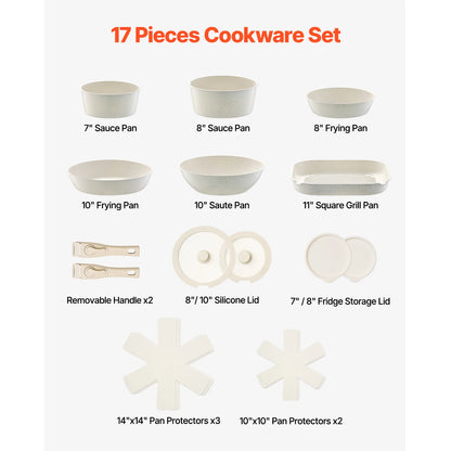 SucceBuy 17 Piece Pots and Pans Set Nonstick Detachable Handle Cookware Kitchen RV Cooking Sets, with Frying, Sauce, Saute Temp