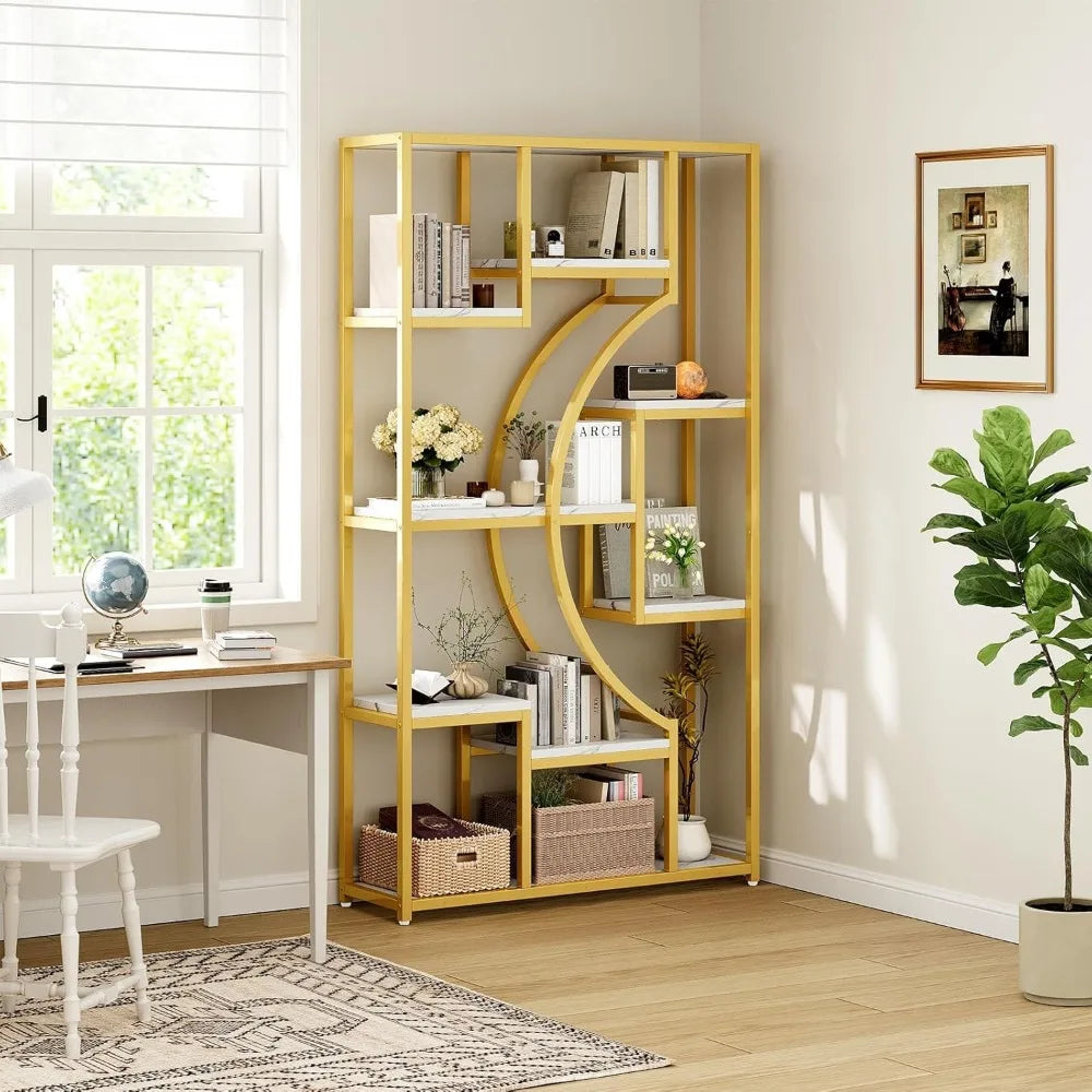 Large 5-Tier Gold Bookshelf, 70.9 High with 18 Open Shelves, Modern Industrial Bookcase for Living Spaces and Offices
