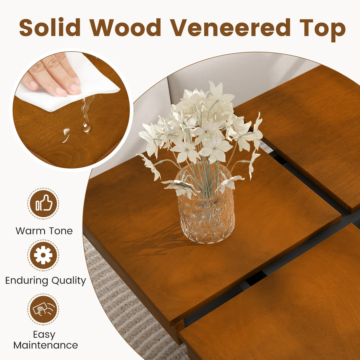 HOMASIS Square Coffee Table With Solid Wood Veneered Split Top