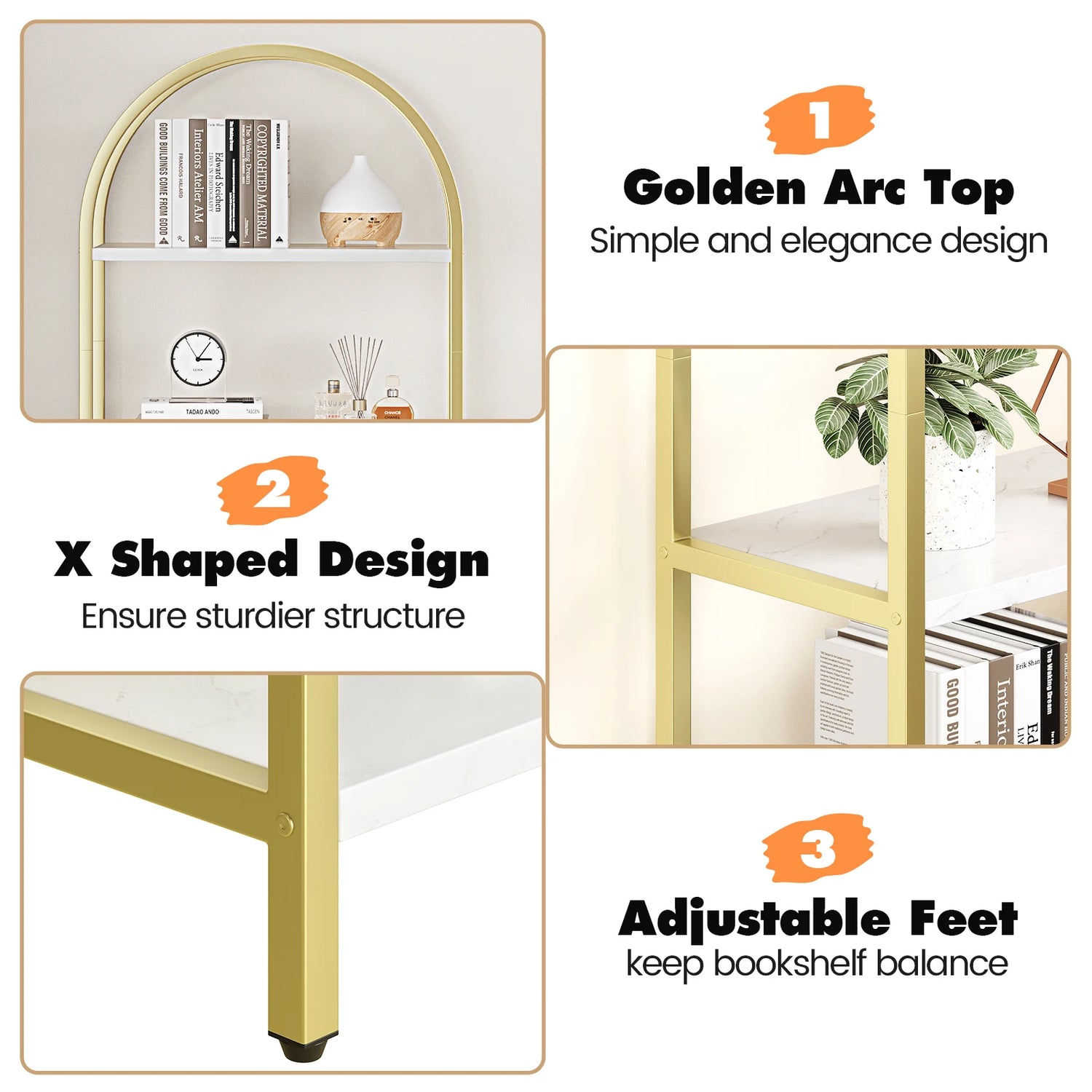 Five Tier Arched Display Bookshelf With Metal Frame