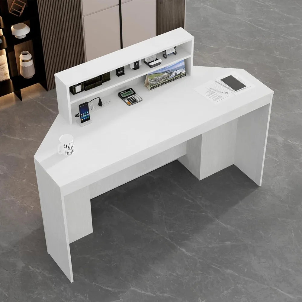 Contemporary 39.3 H Reception Desk with LED Lighting, Office Counter Featuring Display Cabinet, Secretary Desk with Integrated P