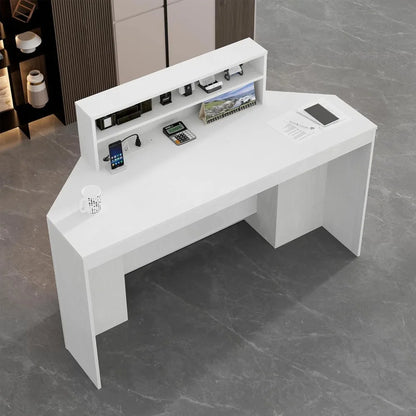 Contemporary 39.3 H Reception Desk with LED Lighting, Office Counter Featuring Display Cabinet, Secretary Desk with Integrated P