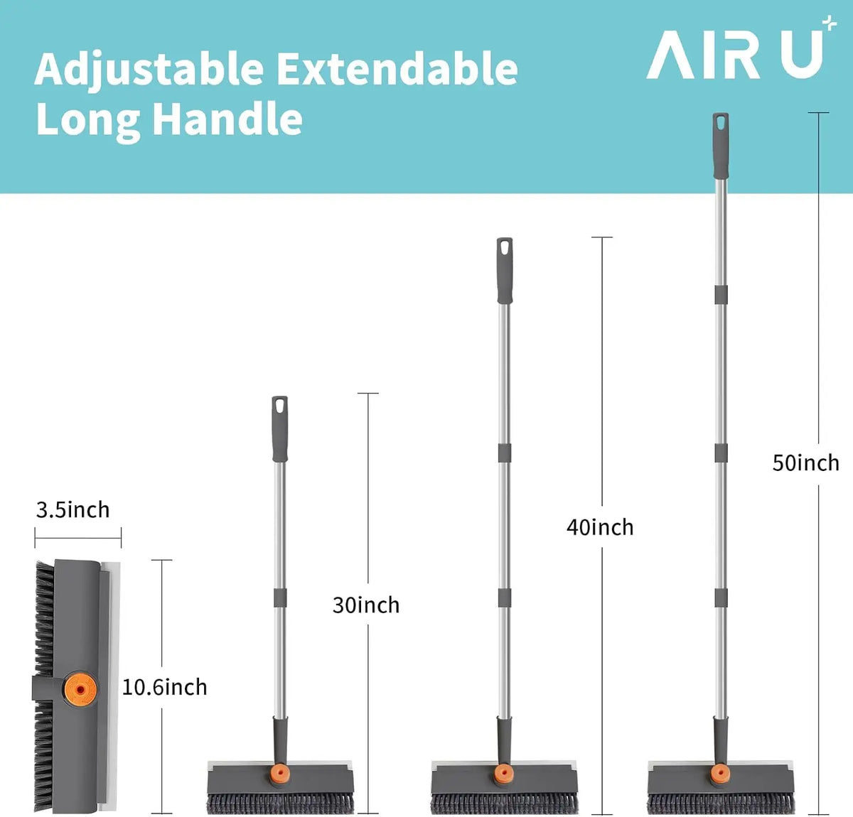 AIR U+ Floor Scrub Brush with Long Handle, 3-in-1 Rotating Head &amp; Squeegee | Stiff Dual-Sided Bristles for Shower, Bathroom, Kitchen and Patio, 30–50 In Handle for Easier Stand-up Cleaning, Gray