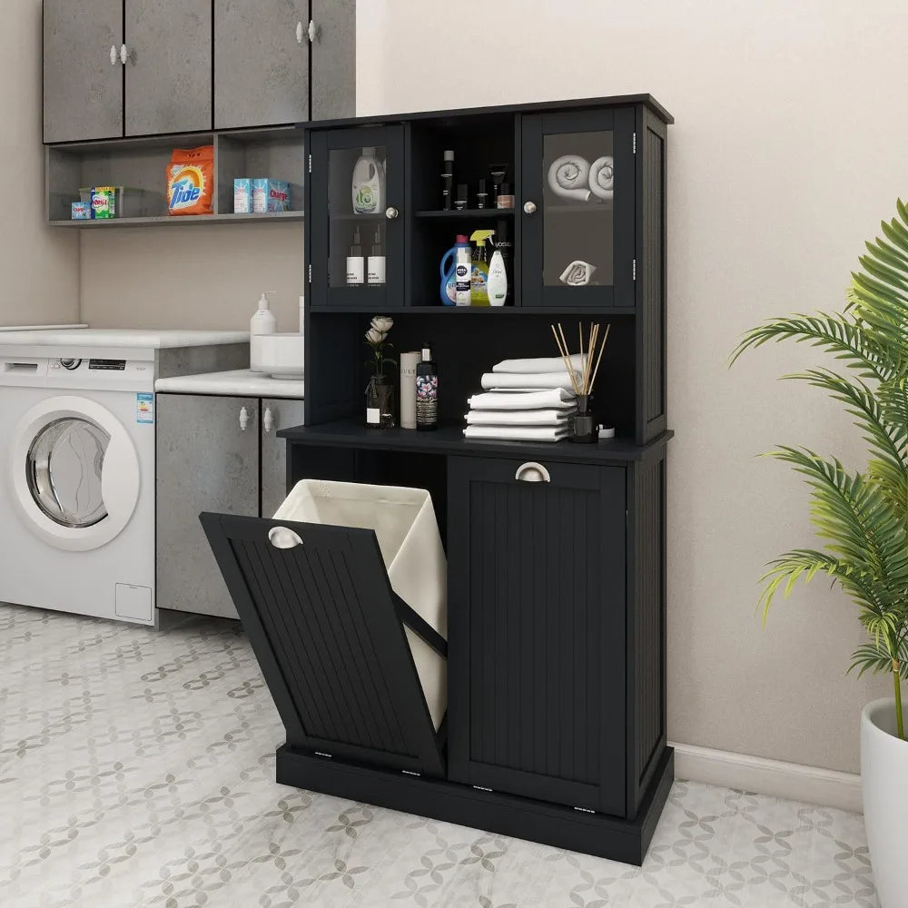 Tall Tilt Out Laundry Hamper Cabinet with 2 Removable Baskets, Hidden Storage & Glass Doors for Bathroom, Black