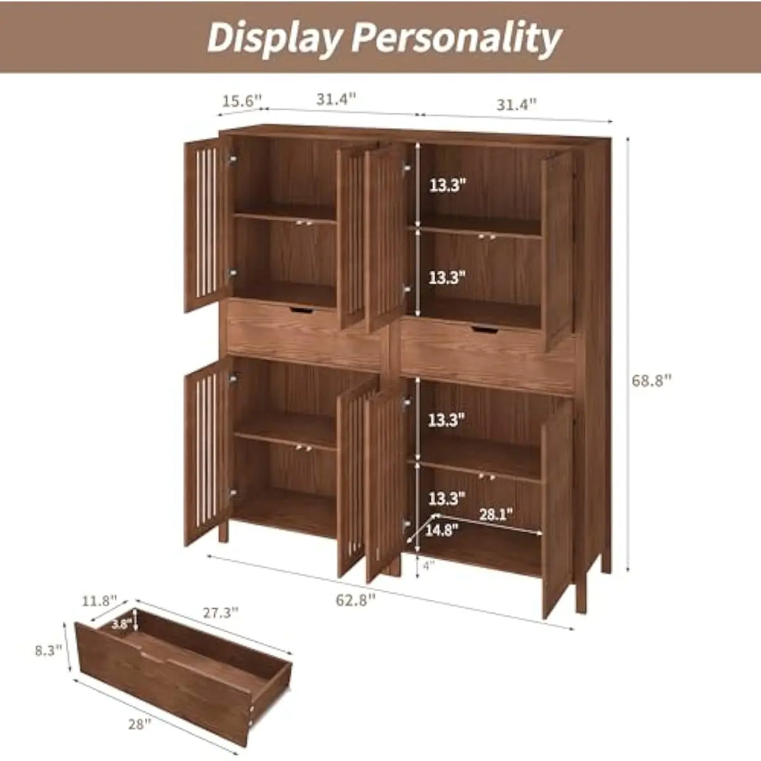 Set of 2 Warm Brown Farmhouse Storage Units – 68.8 Inch Tall with Grille-Front Doors, Adjustable Shelves, Deep Drawer, Elevated
