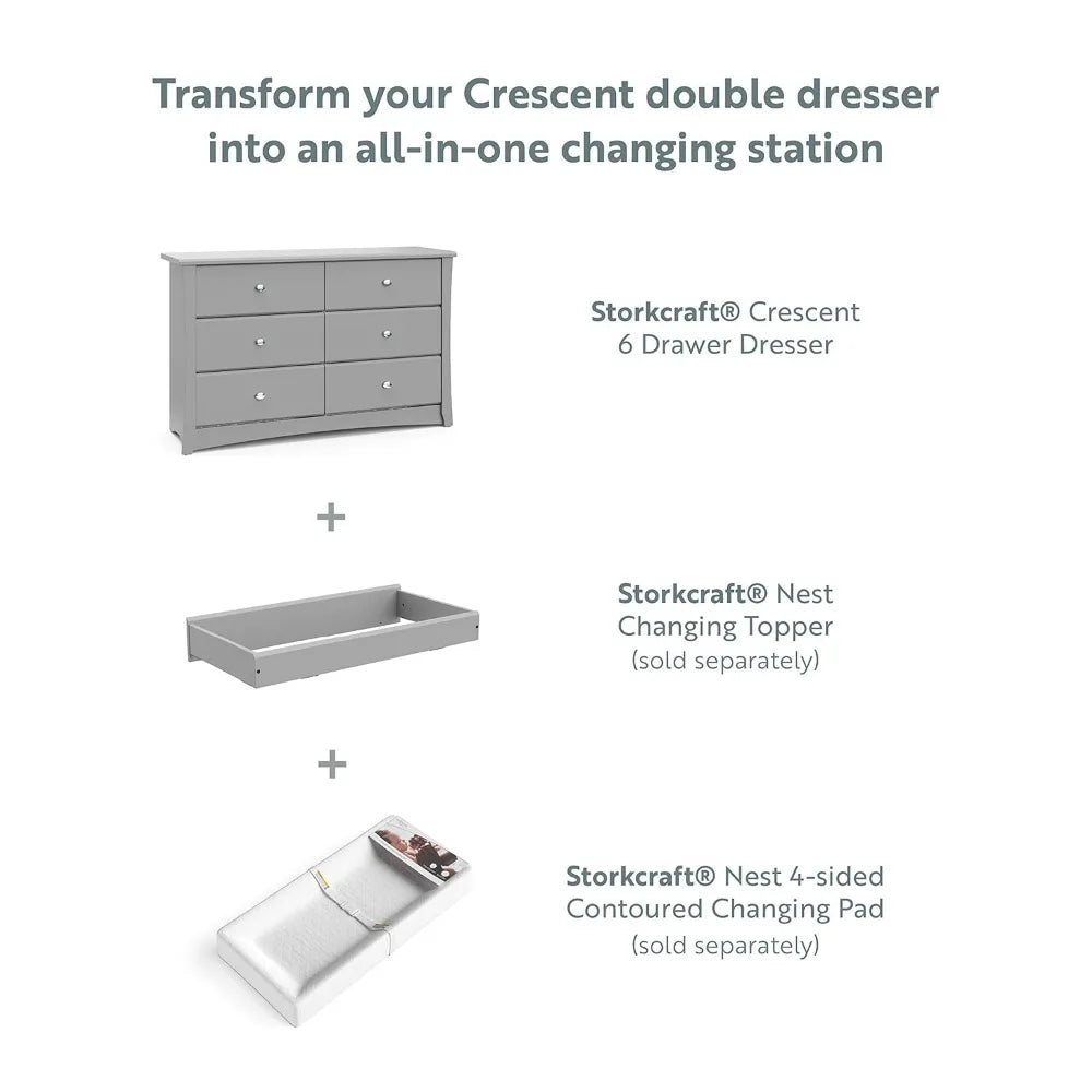 "crescent 6-drawer double dresser in pebble gray - elegant storage for bedroom"