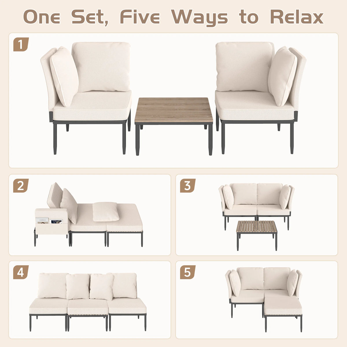 Outdoor Sectional 5 in 1 Aluminum Patio Loveseat with Coffee Table Garden Furniture Set Waterproof Cushion Wicker Sofa