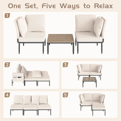 Outdoor Sectional 5 in 1 Aluminum Patio Loveseat with Coffee Table Garden Furniture Set Waterproof Cushion Wicker Sofa