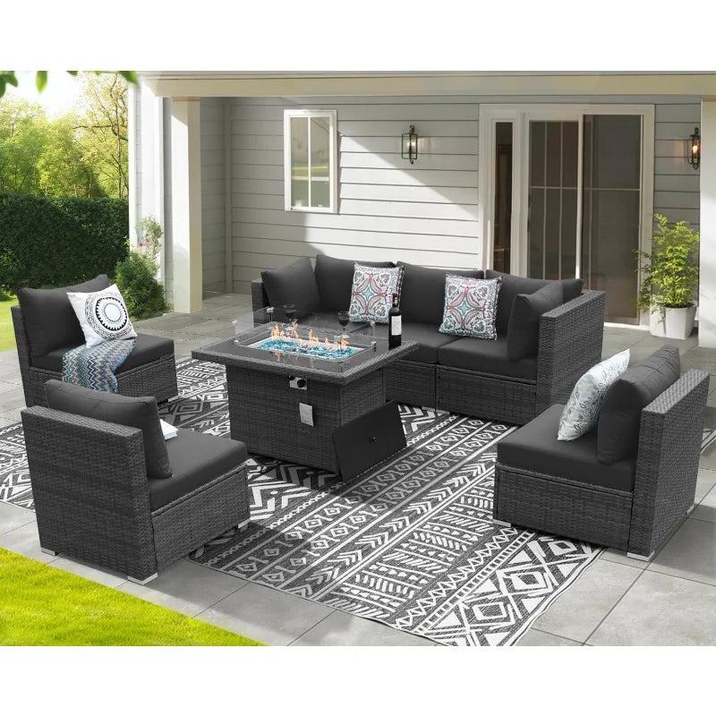 Extra Large Rattan Patio Furniture Set with Gas/Propane Fire Pit Table, 29.3'' High Back Comfy Outdoor Sofa Conversatio