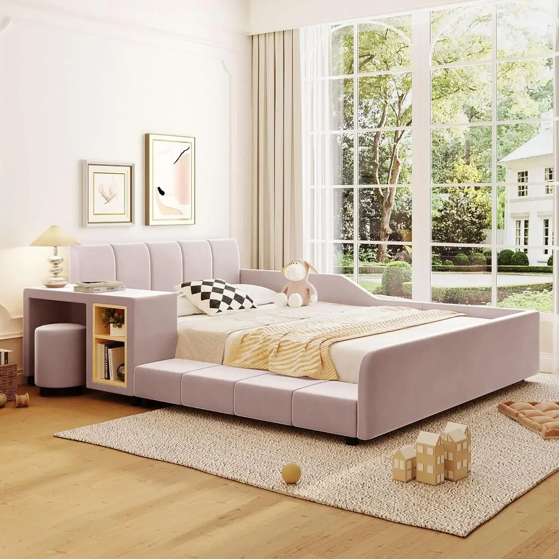 Velvet Upholstered Grounded Bed Platform Bed, Wooden Full Size Mother &amp; Child Bed Frame with Bedside Desk and Little Round Stool