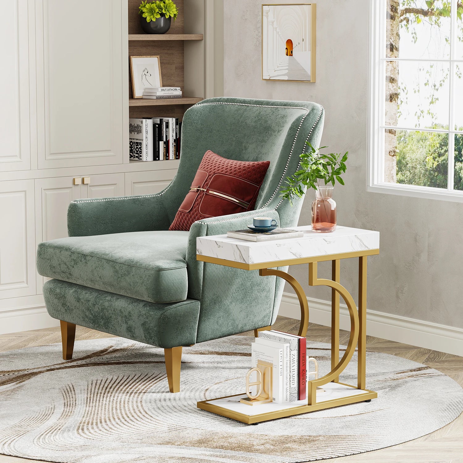 Tribesigns Narrow Side Table White Gold Side Table C Shaped End Table Modern Bedside Table Small Side Table for Couch