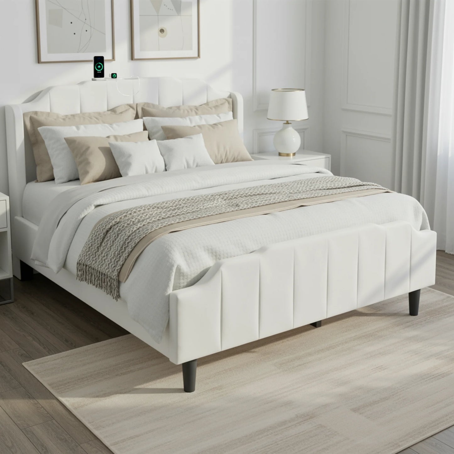 HOOMIC Velvet Platform Bed Frame With Headboard And Charging Station